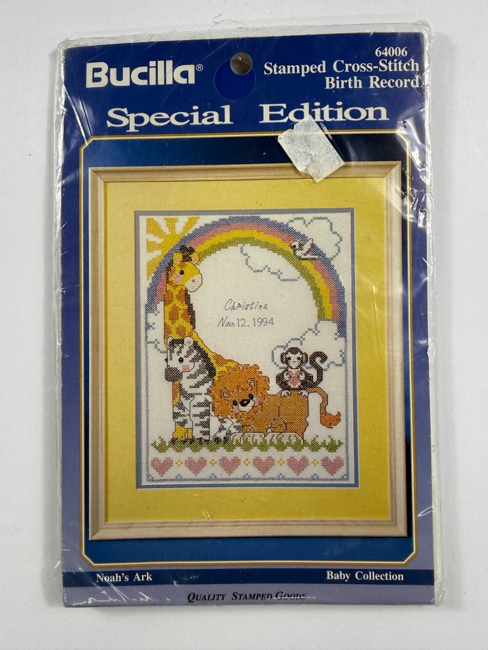 Bucilla Stamped Cross Stitch Birth Record Noah's Ark Special Edition 64006 11x14
